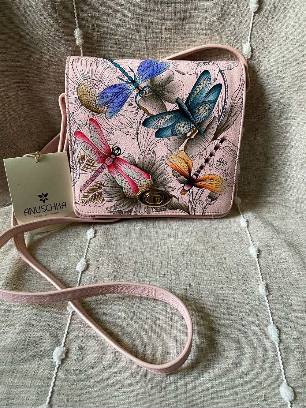 Anuschka Pink Leather Crossbody with Colorful Hand Painted Dragonfly Art